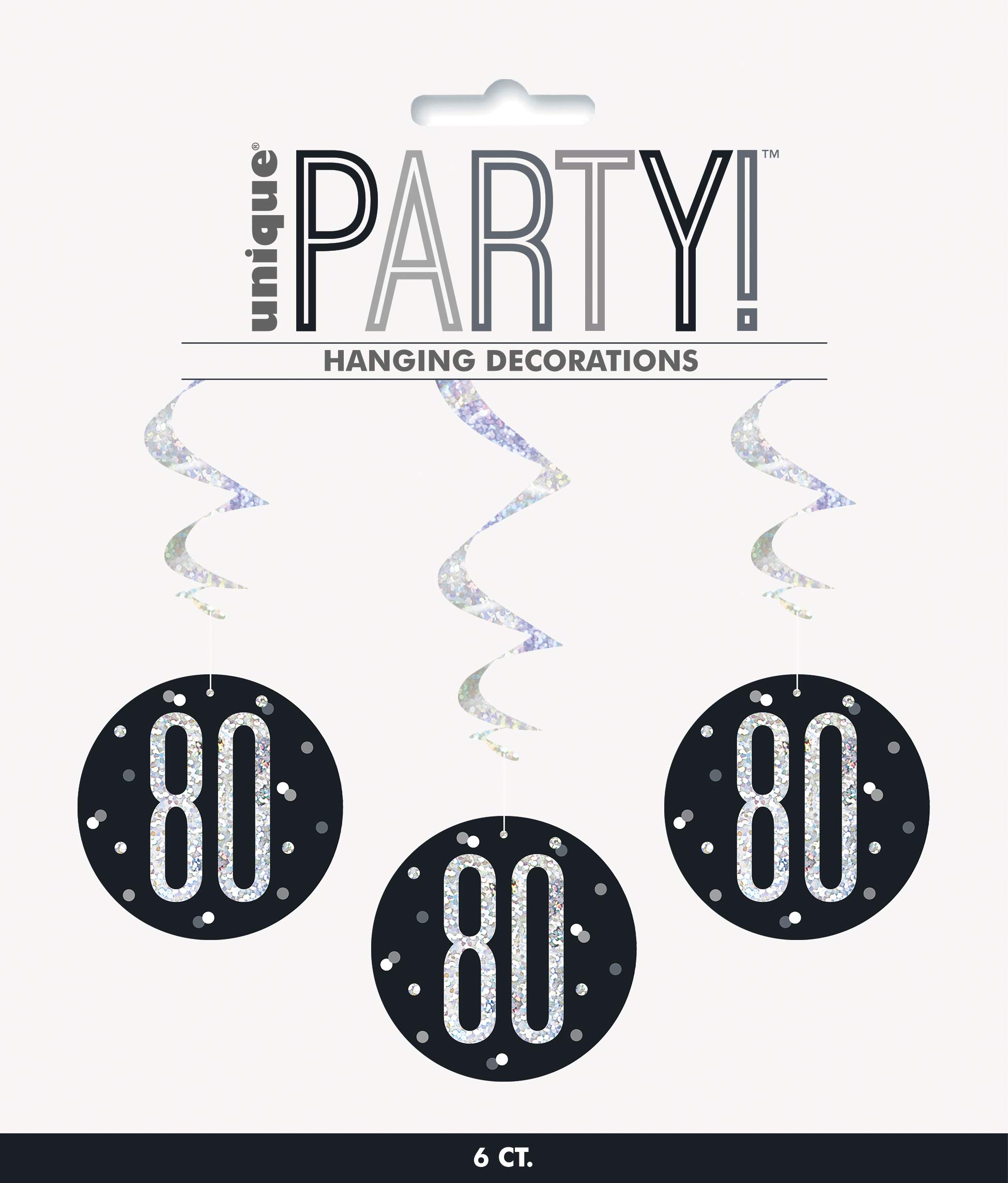 Unique 83790 Black Prismatic 80th Birthday Hanging Decorations,32" 6 Pcs, Age 80
