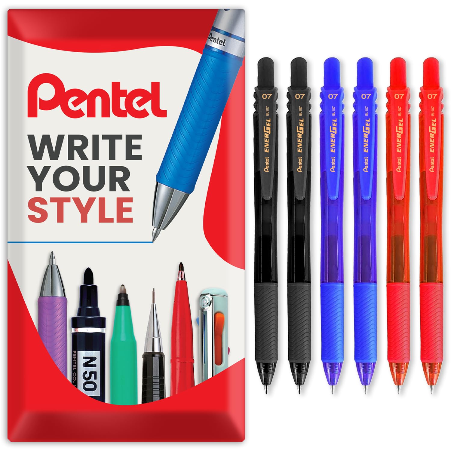 Pentel Energel X BL107 Retractable Gel Rollerball Pens - 0.7mm Nib - Pack of 6 in Gift Box (Multicolor)