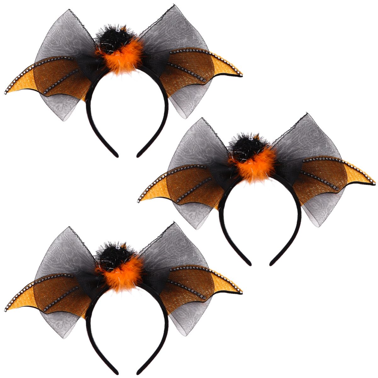 minkissy 3pcs Halloween Bat for Kid Headband Lace Bow Hair Hoop Bat Wing Hair Band for Girls Adult Women Home School Party Decorations (Orange)