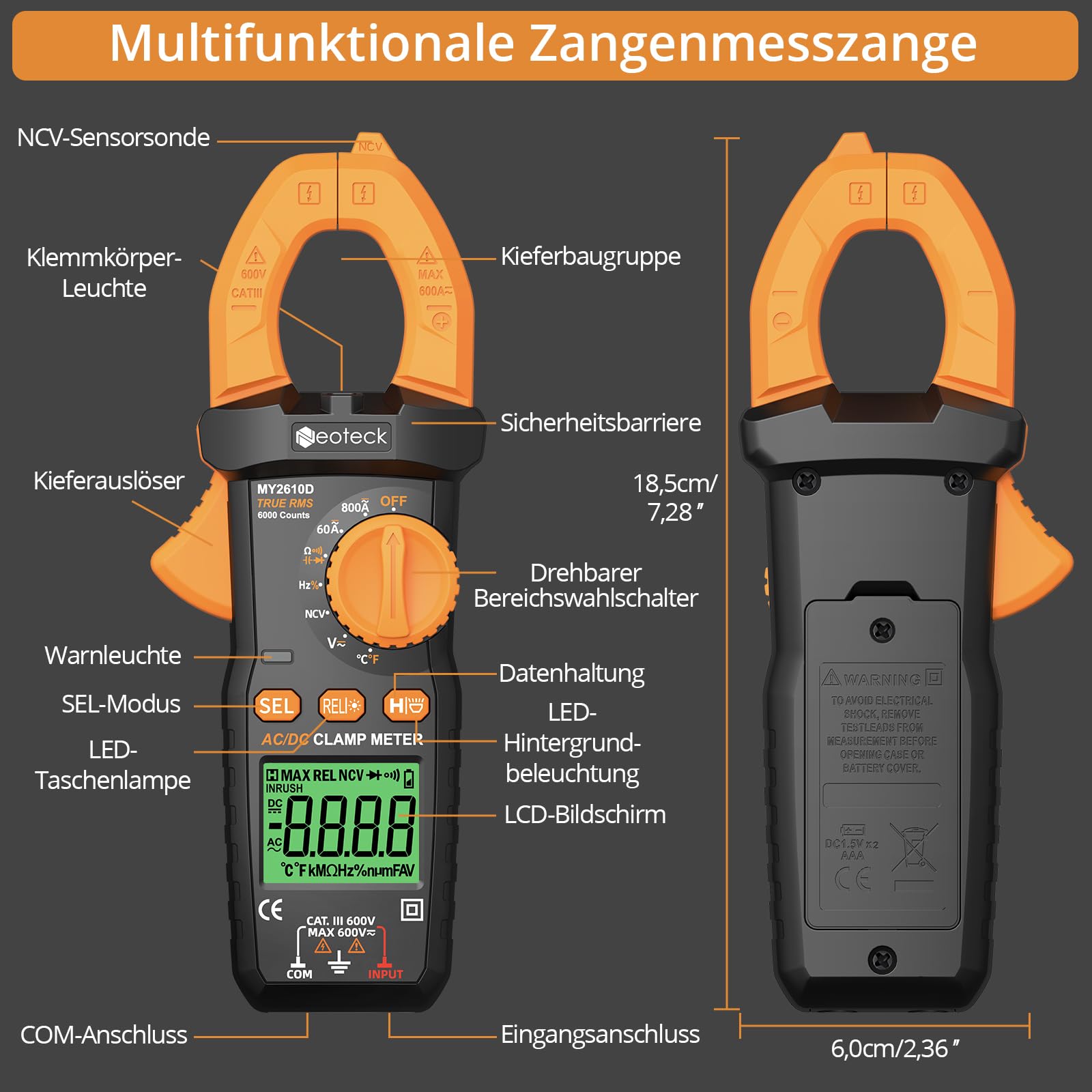 Neoteck Digitales Stromzangenmessgerät TRMS 6000 counts 800A AC/DC Strom AC/DC Spannung NCV Durchgang Kapazität Widerstand Frequenz Diode Test 7