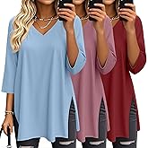 Velvelhall 3 Pack Women's 3/4 Sleeve Oversized T-Shirts V Neck Comfy Casual Tunic Tops Knit Side Basic Split Loose Fit Tees