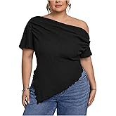 SweatyRocks Women's Plus Size Off Shoulder T Shirts Asymmetrical Short Sleeve Going Out Tops