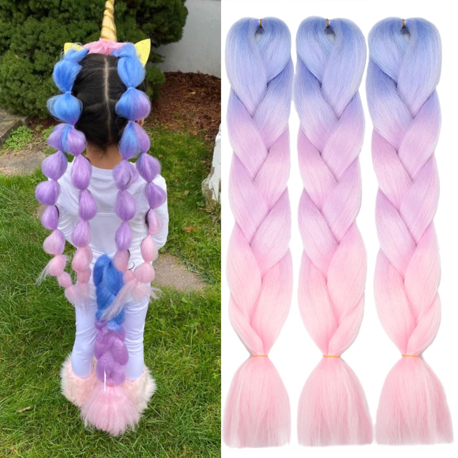 Photo 1 of VCKOVCKO Pink Jumbo Braid Crochet Braids Hair Extension Three Tone Ombre Color Rainbow Jumbo Braiding For Twist Braiding,Jumbo Box Braiding Hair 24",3 Bundles/Lot,Blue-Light purple-Pink