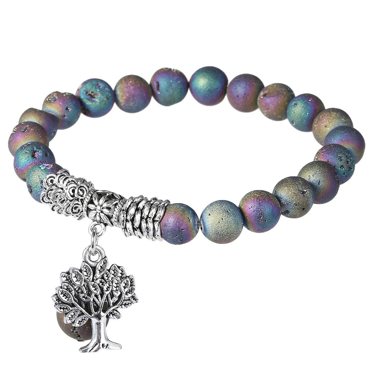 mookaitedecor Druzy Geode Agate Semi Precious Gemstone Tree of Life Stretch Bracelet Elastic, Reiki Chakra Colourful Healing Crystal Stone Beads Bracelet 8mm Tree of Life Jewellery Women Men