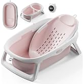 CheerTry 4-in-1 Collapsible Baby Bathtub for Newborn &amp; Toddler 0-24M (Pink) | Infant Baby Tub with Adjustable Bath Sling, T-Shaped Support &amp; Water Thermometer, Baby Bath Tub for Baby Shower
