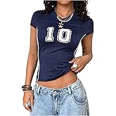 RoseSeek Women's Y2K Sporty Jersey Shirts V Neck Cap Sleeve Tight Crop Tops Street Graphic Tees