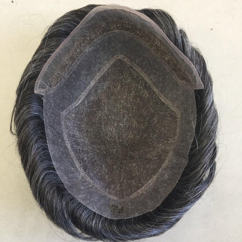 100% Remy Human Hair Fine Mono With French Lace Front Men's Toupee Hair Repalcement Systems For Men 8x10 Off Black Color #1B Mix 40% Grey Hair