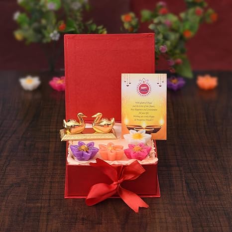 Collectible India Diwali Gift Combo Set - Metal Roli Chandan Box Golden Kumkum Dani - Set of 4 Wax Candles with Special Greeting Card - Diwali Decoration Items for Home