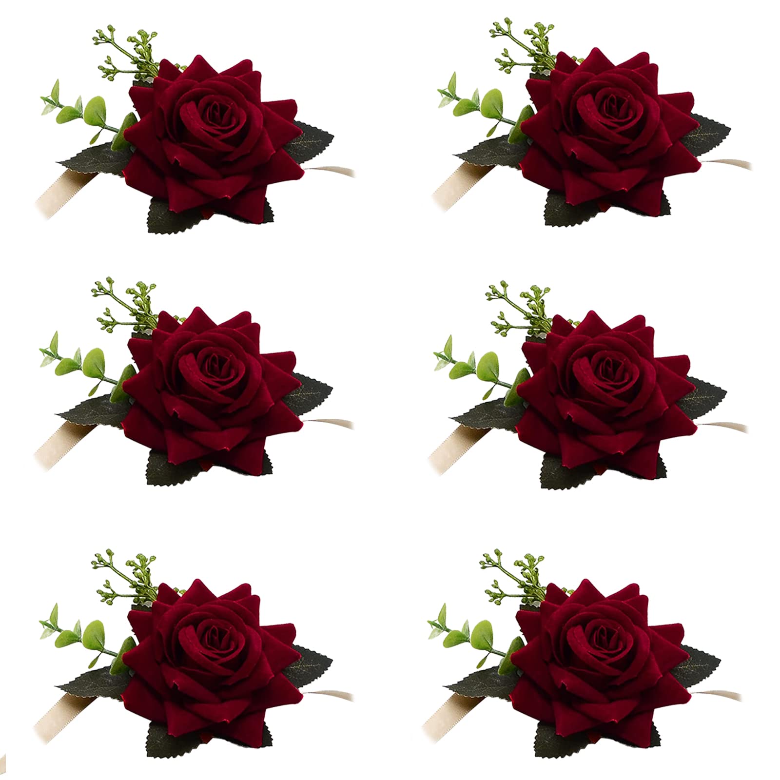 CRASPIRE 6PCS Wedding Wrist Flower Wine Red Artificial Floral Wrist Corsage Bridal Rose Leaf Silk Ribbon Hand Flowers for Bride and Bridesmaid Festival Prom Engagement