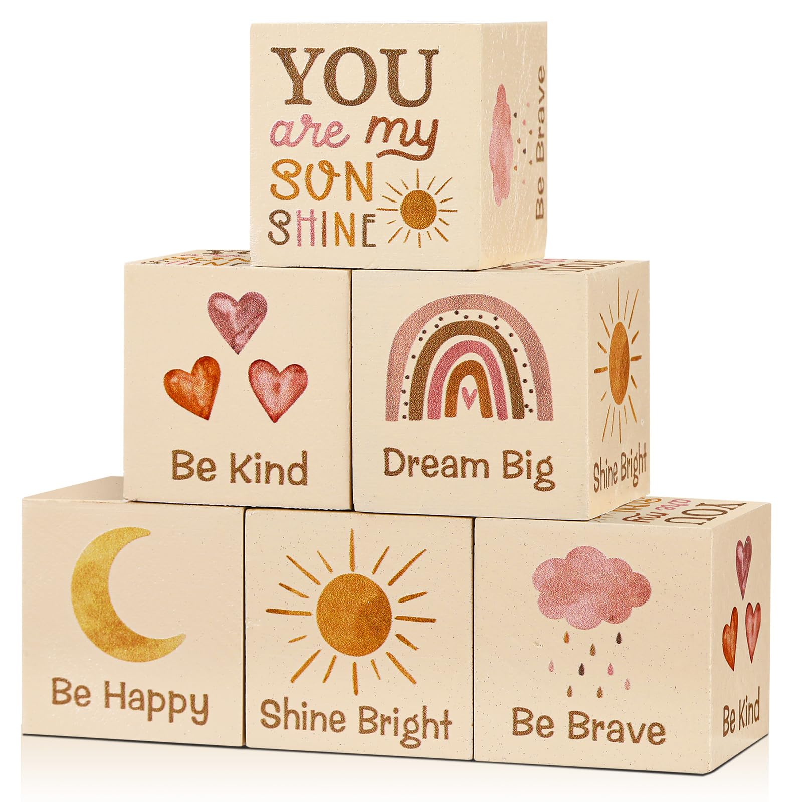 Photo 1 of 6 Pcs 1.6 Inch Inspirational Boho Rainbow Nursery Decor Baby Wooden Sun Clouds Rainbow Decor Wood Blocks Boho Rainbow Centerpiece Watercolor Shelf Decor for Nursery Bedroom Playroom Decor