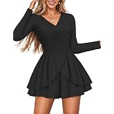 LOOKBOHO Women's Romper Dressy Long Sleeve Polka Dot V Neck Mini Dress | Stretch Soft Fabric,Ruched Waist,Ruffle Romper Dress,Shorts Jumpsuits,Date Night Outfits for Wedding Guest,Holiday Party