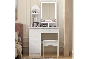 FUFU&GAGA Vanity Set with Rectangular Mirror, Makeup Vanity Dressing Table with 5 Drawers, Shelves, Dresser Desk and Cushioned Stool Set (B White/Lighted Mirror)