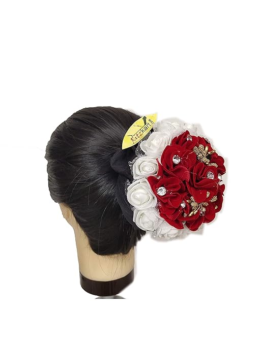 Buy Women Hair Bun Juda Accessories White Rose With Red Rose