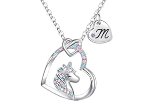 Rucher Unicorn Necklace for Girls Kids with Personalized Initial Heart Pendant, 18K Gold Fashion Jewelry for Girls, Colorful Heart Necklace for Birthday Gifts.