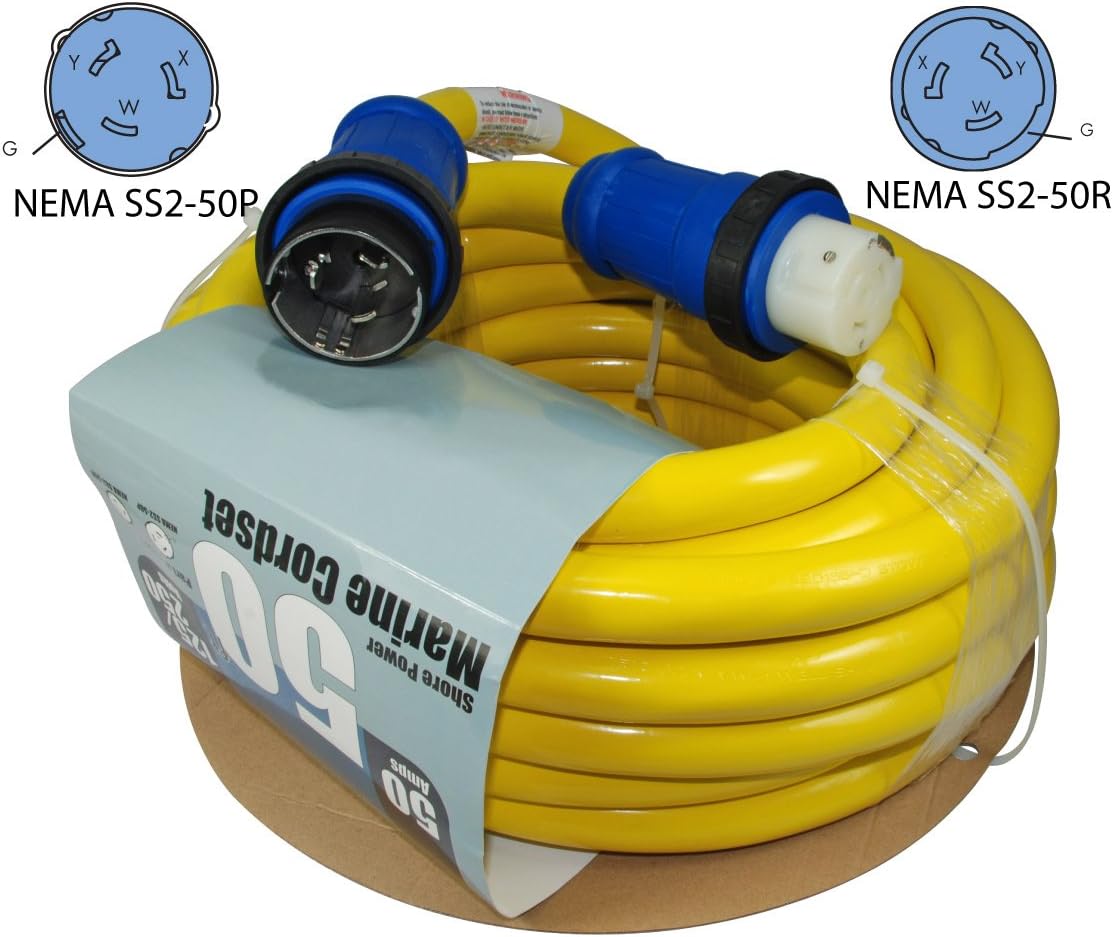 Conntek 50 Amp 125/250-Volt Marine Shore Power Extension 4 Wires Cord with Threaded Ring (Yellow 50-Feet) : Boating Shore Power Cords : Sports & Outdoors