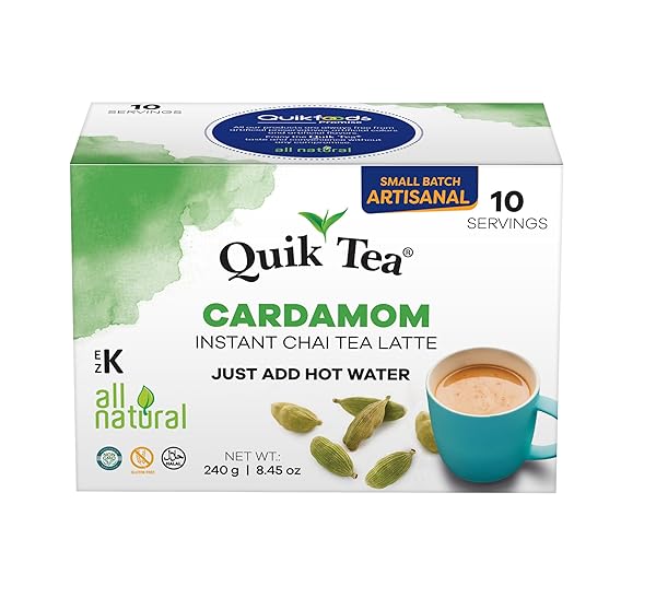 QUIKTEA UNSWEETENED CARDAMOM CHAI TEA LATTE – 10 COUNT SINGLE BOX – ALL NATURAL PRESERVATIVE FREE AUTHENTIC CHAI