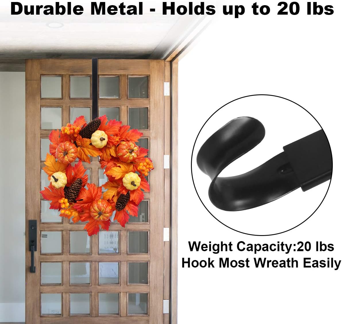 GameXcel Wreath Hanger - Adjustable Wreath Hanger for Front Door from 15-25 Inch - 22 lbs Larger Door Hanger Christmas Wreaths Decorations Hook - Black: Home & Kitchen
