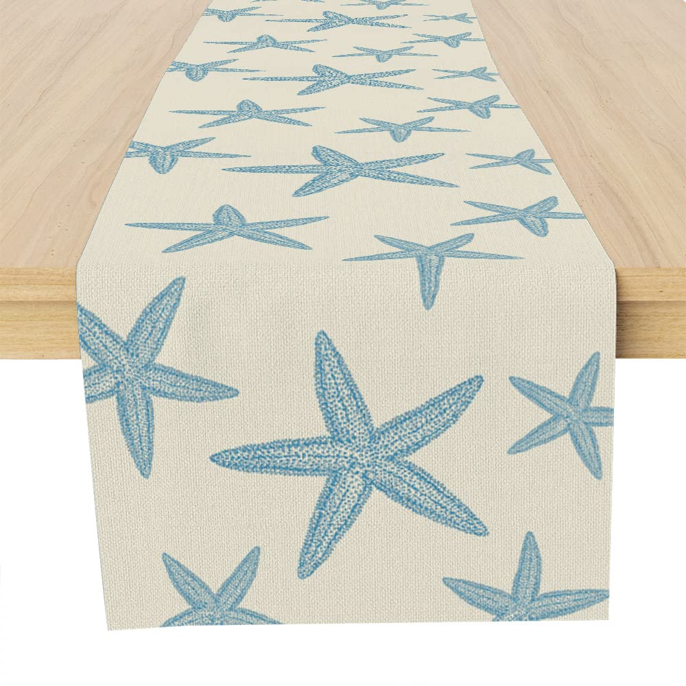 Photo 1 of Blue Starfish Table Runner,Nautical Beach Table Runner Decor for Dinning Room Kitchen Ocean Sea Decorations for Holiday Party, Housewarming Gifts for Women Friends Couple, 13X72Inches