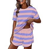 ANRABESS Womens Striped Pajamas Sets 2026 Summer 2 Piece Lounge Matching Short PJ Set Side Split Spring Sleepwear Outfits
