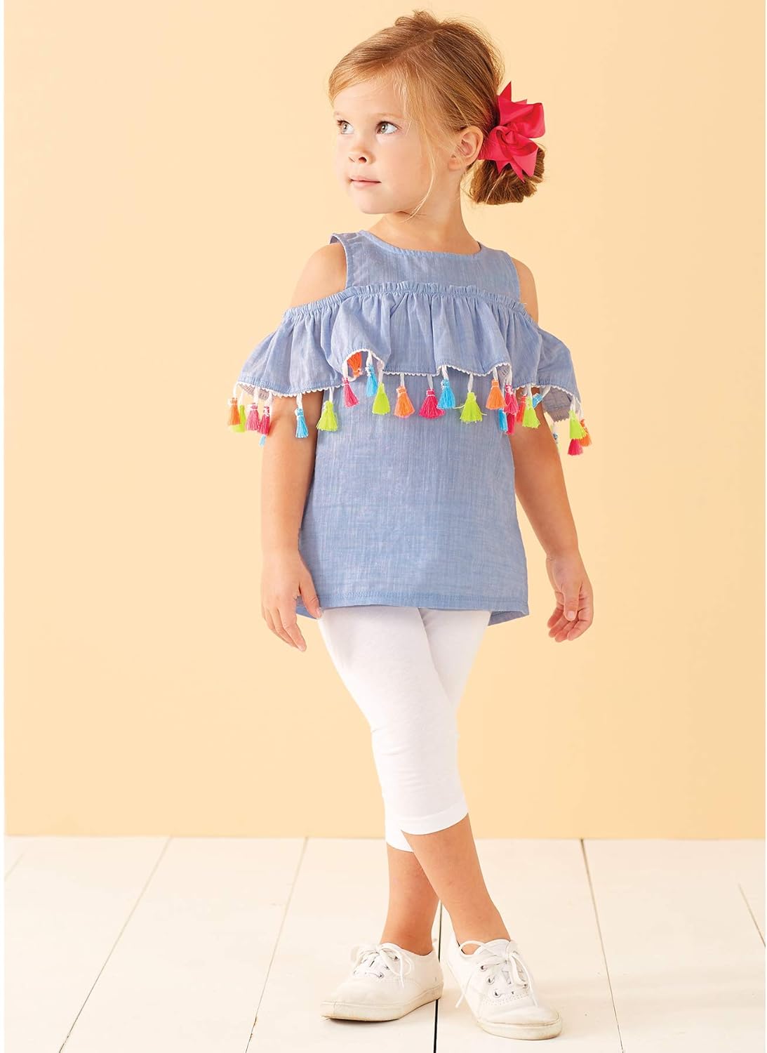 Mud Pie Baby Girls Chambray Cold Shoulder Tassel Top: Clothing