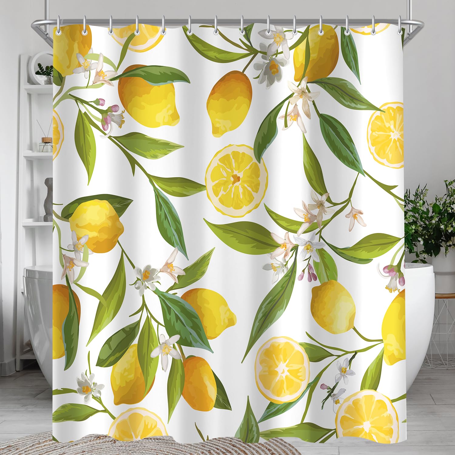 Lerores Shower Curtain, 120 x 200 cm, Lemon Leaves Pattern, Weighted Hem, Mildew-Proof, Waterproof, Washable, Polyester Fabric with 8 Eyelets and Shower Curtain Rings for Bathroom