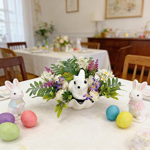 PCALYR 16 INCH ARTIFICIAL EASTER BUNNY FLORAL ARRANGEMENT, PLUSH BUNNY EASTER DECOR,BUNNY WITH FLOWER ORNAMENT,HOME DECOR FOR TABLE, MANTEL, INDOOR SPRING DECOR