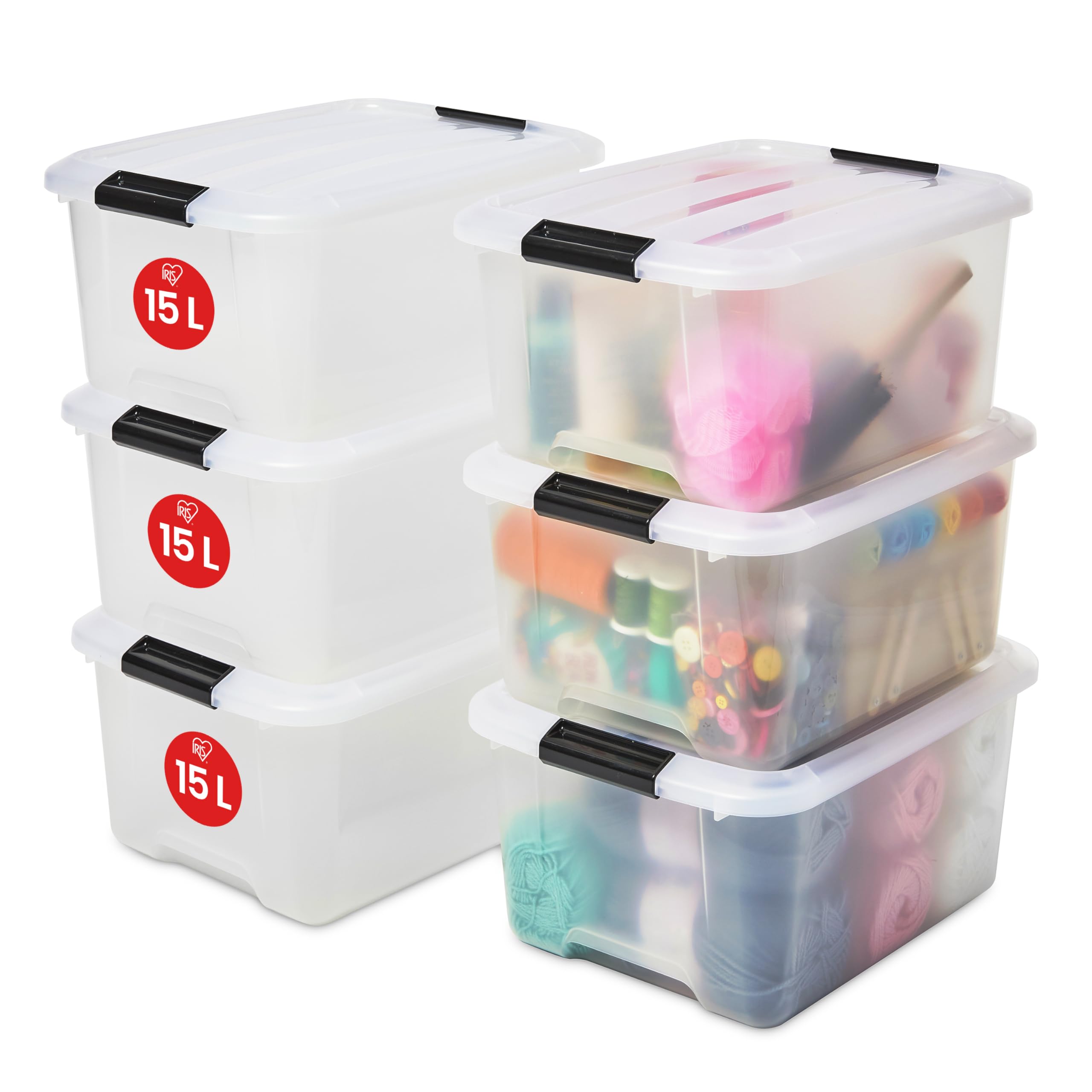 Iris Ohyama, Set of 6, Storage boxes, 15 L, with snap closure, stackable, living room, bedroom, garage - Top Box TB-15 - Transparent