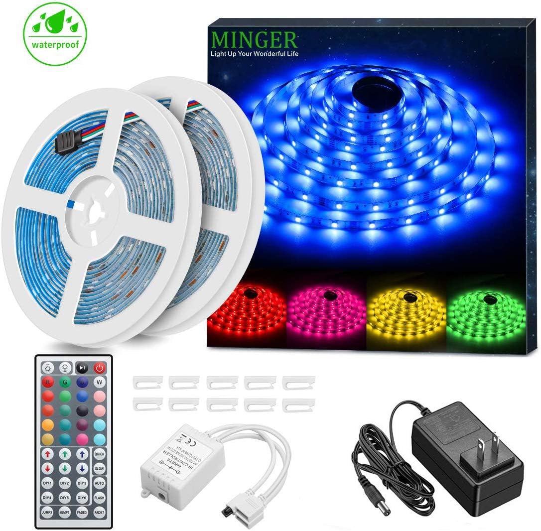 RGB LED Strips, MINGER Waterproof 32.8ft LED Light Strips 300 LEDs Rope