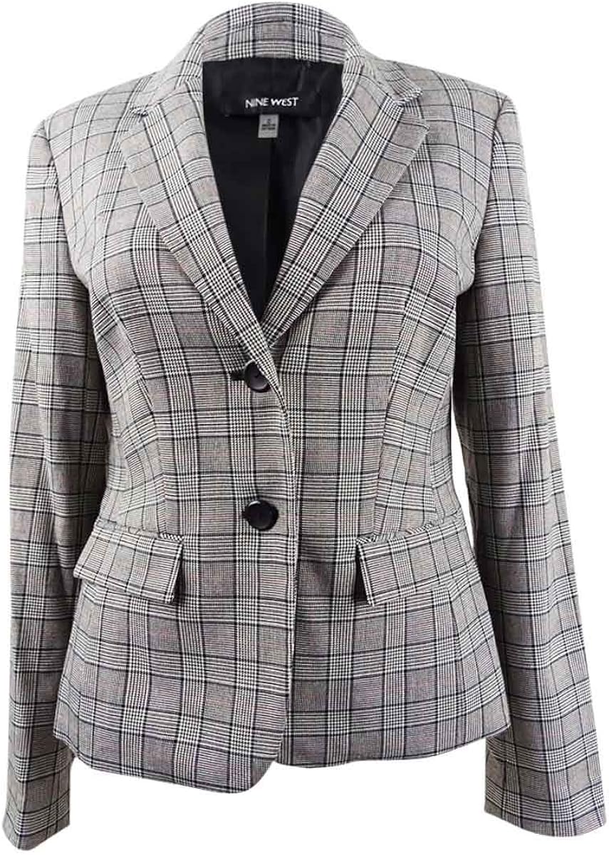 Nine West Womens Gray Pocketed Dual Button Plaid Blazer Wear to Work