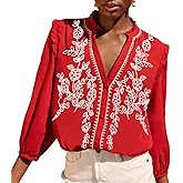 Melliflo Embroidered Tops for Women 3/4 Sleeve Peasant Blouse V Neck Button Down Shirts Dressy Casual
