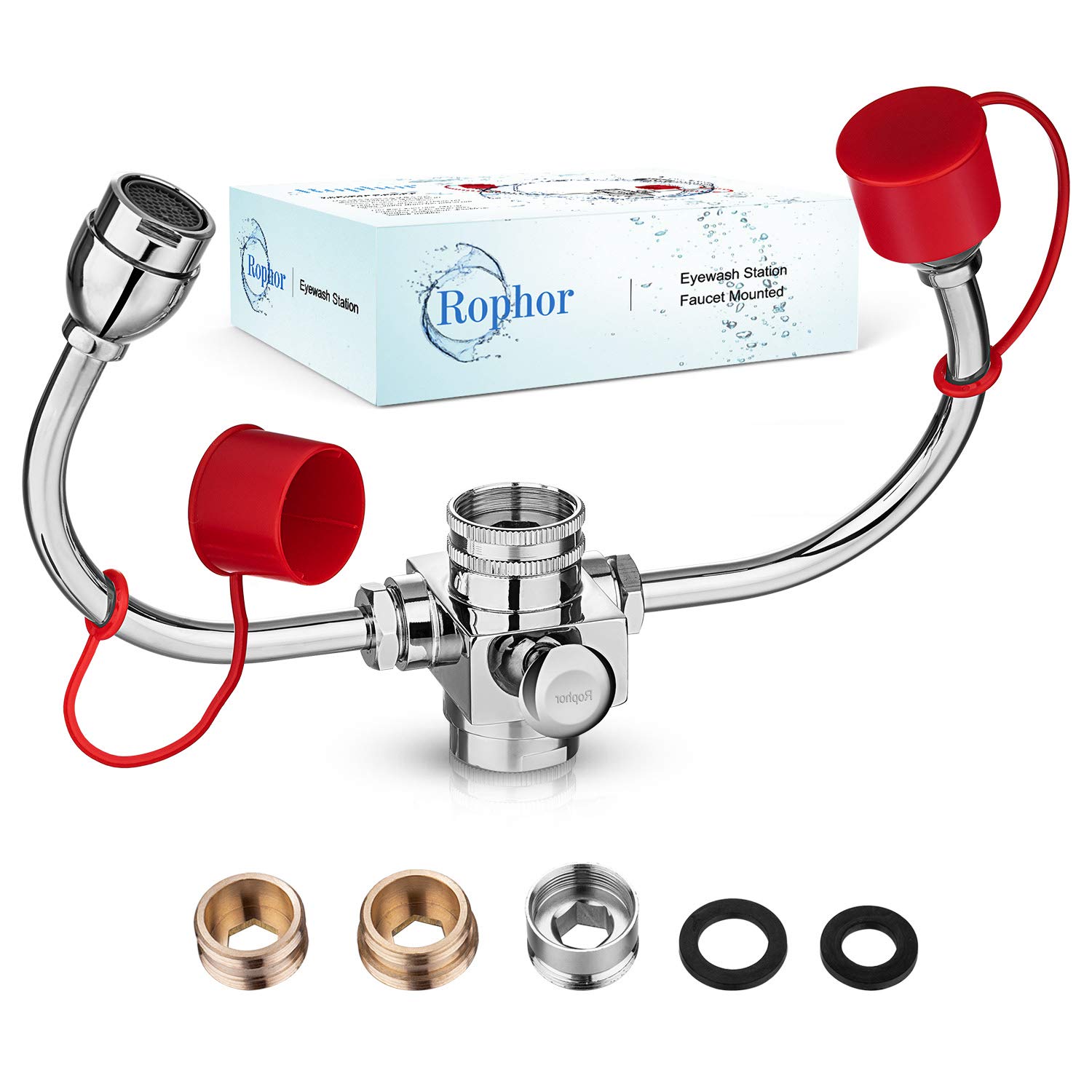 Rophor Eye Wash Station Faucet Mounted, OSHA Eyewash Unit for First AID and Emergency, Eye Flush Shower for Sink Attachment, Continuous Flow