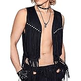 Verdusa Men's Sleeveless V Neck Studded Detail Fringe Trim Open Front Vest Jacket