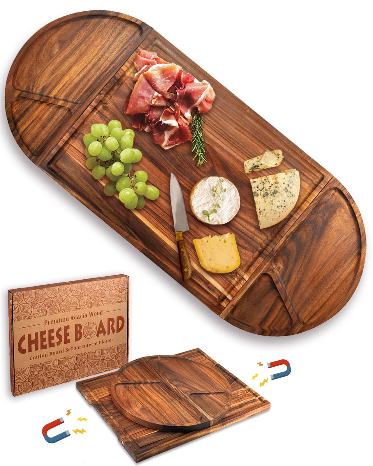 Extra Large 30” x 13” Magnetic Acacia Wood Charcuterie Boards Cheese ...