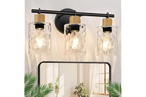 MOKATNG 2025 Upgrade Bathroom Light Fixtures, 3-Light Coastal Vanity Lights with Crystal Glass Shade, Black Bathroom Wall Lamp for Mirror Kitchen Hallway Cabinet