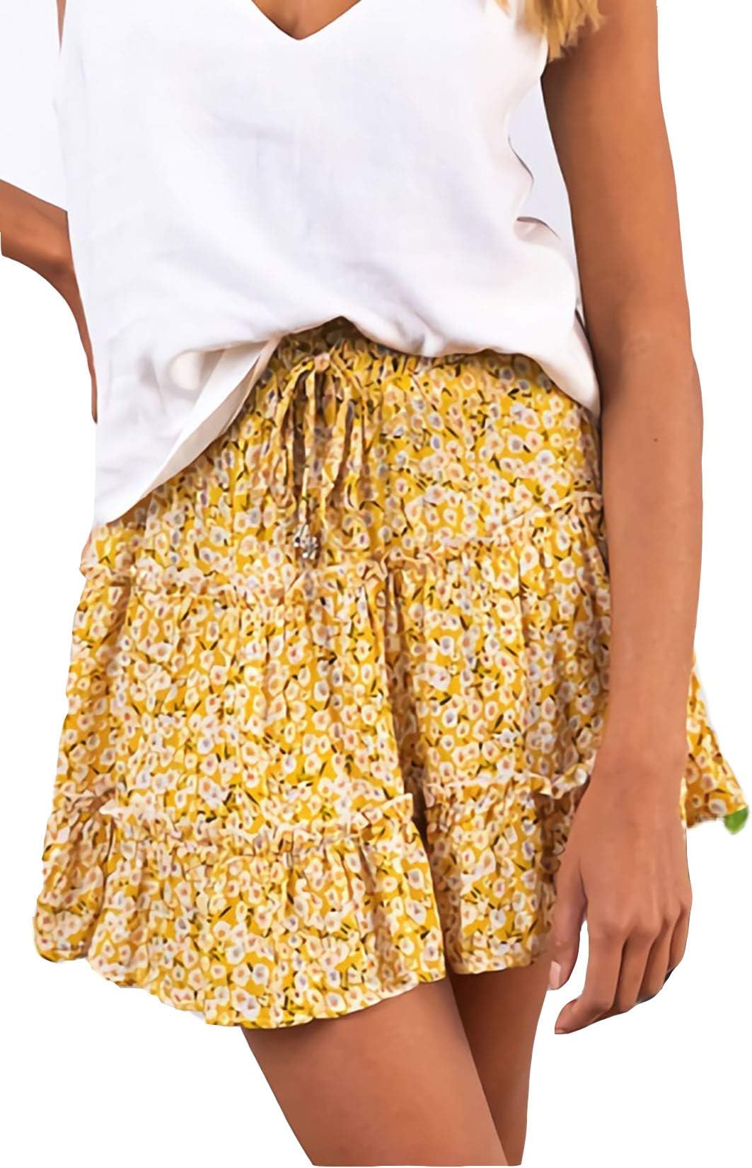 Women's Summer Cute High Waist Ruffle Skirt Floral Print Swing Beach Mini Skirt
