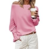 Saodimallsu Womens Boat Neck Batwing Sweaters Dolman Ruffle Long Sleeve Off Shoulder Fall Loose Knit Pullover Tops