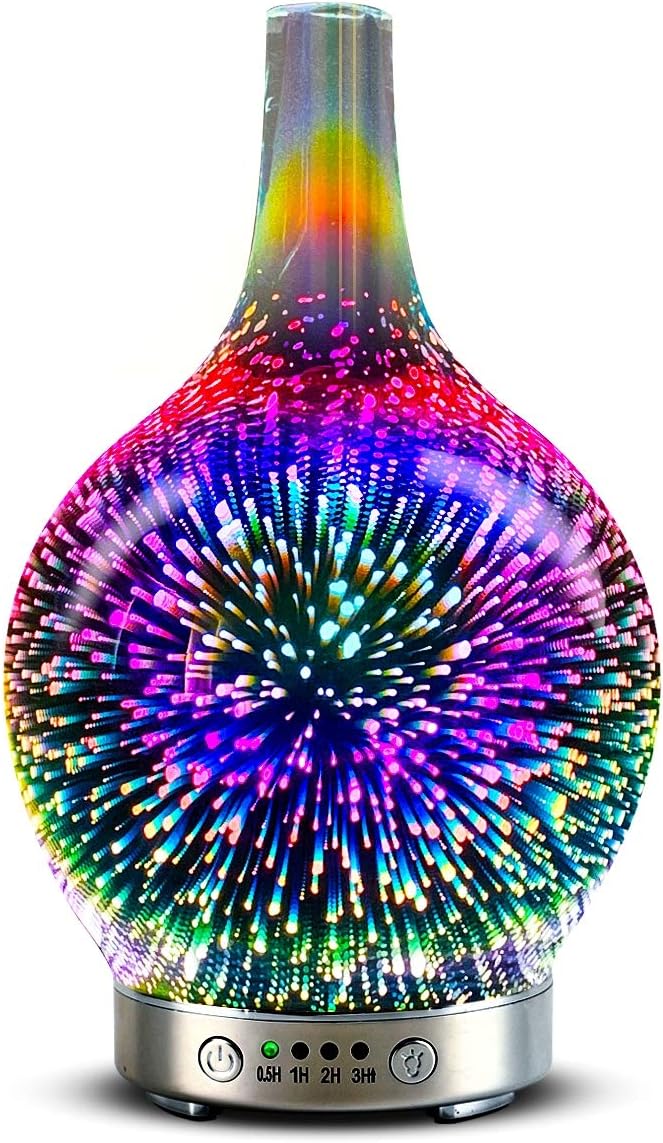3D Effect Essential Oil Diffuser,3D Firework Glass Aromatherapy Diffuser Ultrasonic Cool Mist Aroma Humidifier,Whisper Quiet Humidifier, Waterless Auto Shut-Off and 7-Color LED for Home Office 120ml