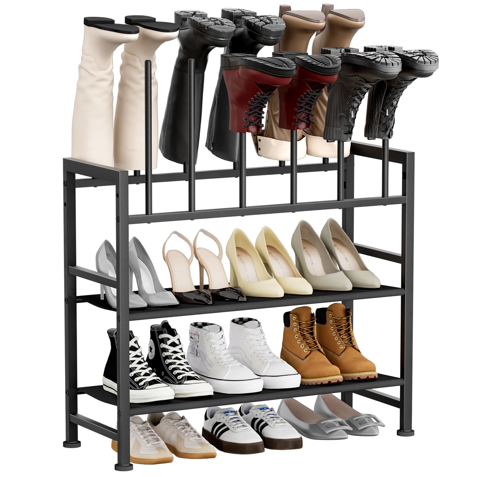 Photo 1 of DIMJ Boot Rack 4-Tier - Black Metal Boot Storage Rack for Tall Boots Organizer Tall Boots, Multiuse Shoe Rack for Boots, Sneakers, High-Heel, Entryway, Fits 6 Pairs