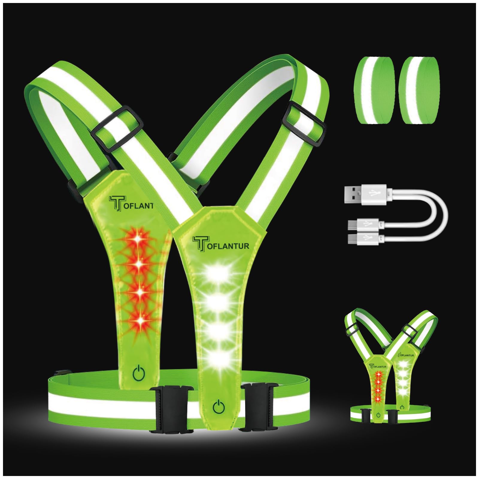 TOFLANTUR LED Reflective Running Gear Vest, High Visibility Lights for Runners Safety, USB-C Rechargeable Adjustable Light Up Chest for Night Walking Jogging