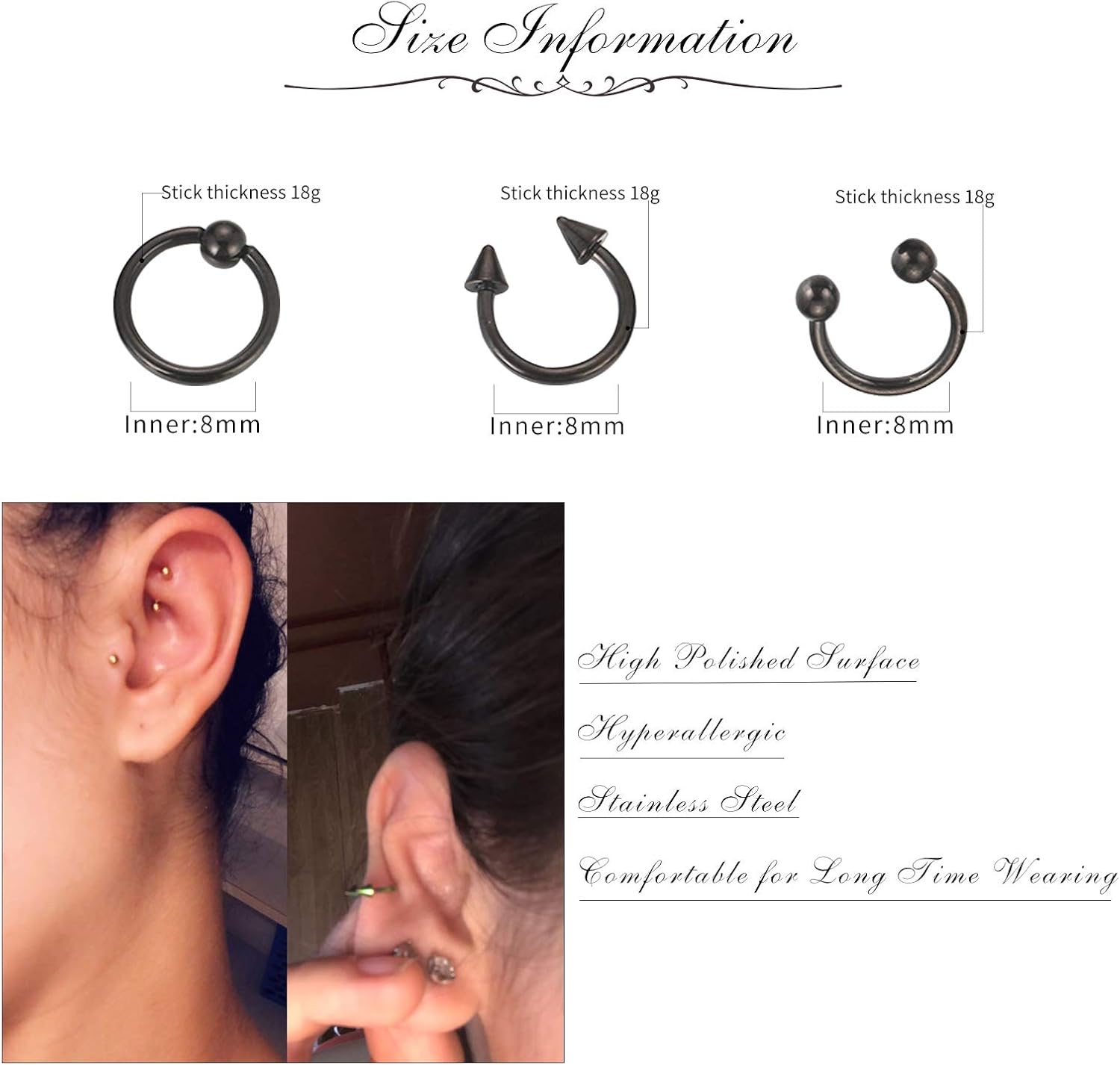 EVBEA 9PCS Nose Ring Surgical Steel Helix Piercing Earrings 18G Hoop Ring Lip Bars Helix Daith Cartilage Tragus Nose Studs Septum Piercing Jewellery (Black) - Image 4