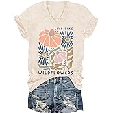 Vintage Boho Tops for Women V-Neck Flowers Shirt Spring Graphic Tees Floral Print Summer Casual Short Sleeve Tshirt Top