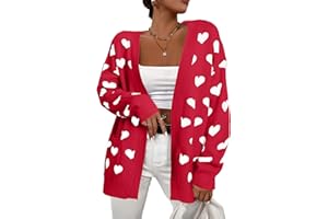 QLIPIN Heart Cardigan Sweater for Women Oversized Valentine Cardigan Cute Love Print Open Front Knit Sweaters Coat with Pockets