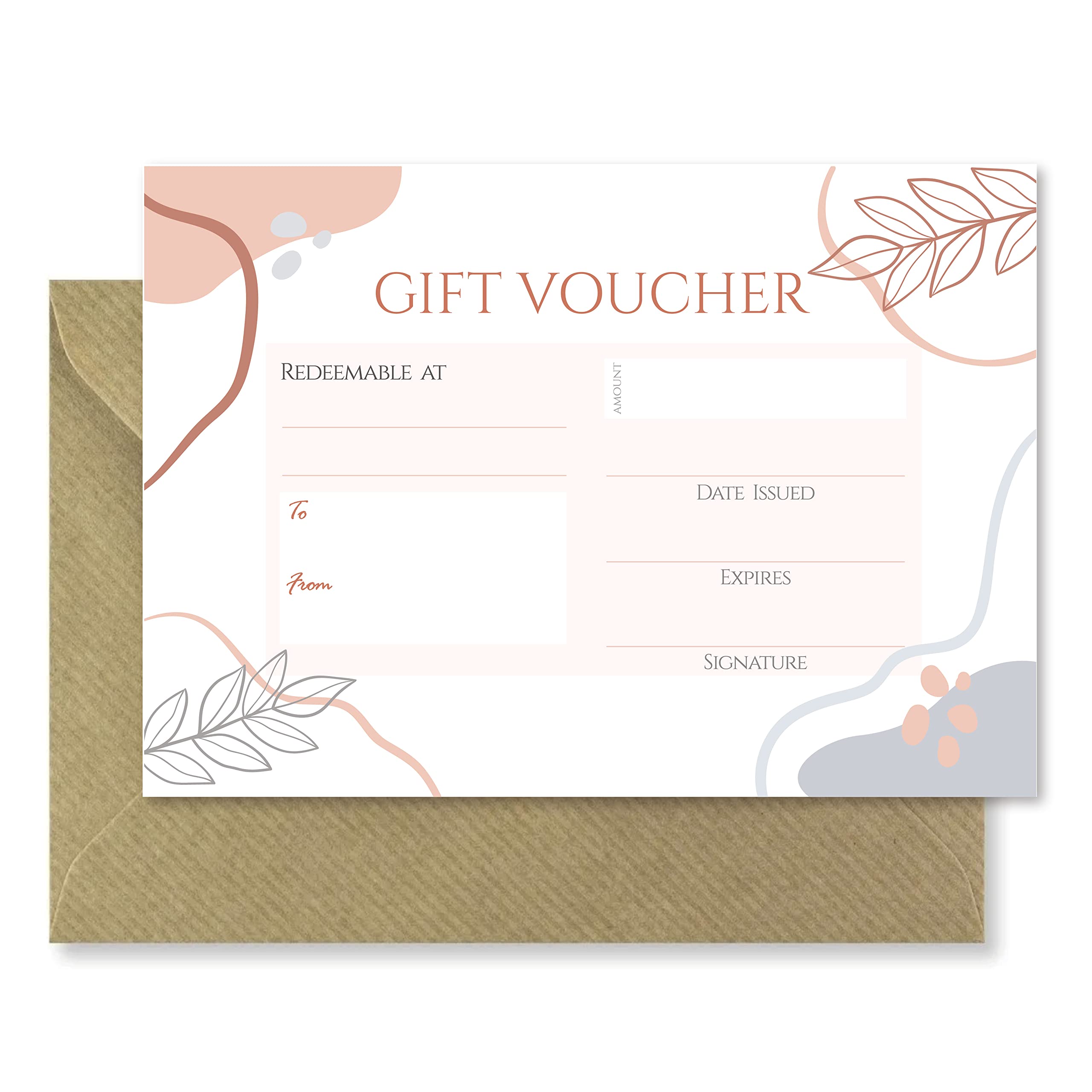 20 x Blank Gift Vouchers & Envelopes - Double Sided Abstract Rose Gold Leaf Design Tokens - Salon, Beauty, Hair, Massage, Lashes, Nails