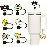 Bee Straw Topper, 6 Pcs With 1 Keychain Cute Bee Straw Toppers Covers For Stanley Cup, Bee Accessories, 10mm Silicone Covers Toppers Gifts For Women, Girls, Boys On Halloween, Birthday