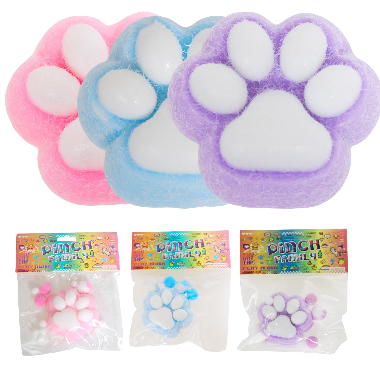 3pcs 3.15in Big Squishy,Cat Paw Squishy Toys,Cute Kawaii fufu Squishies,Sticky Squeeze Fur Ball,Jelly Kitty Funny Fidget Toys Novelty Things Suitable for Adults Kids
