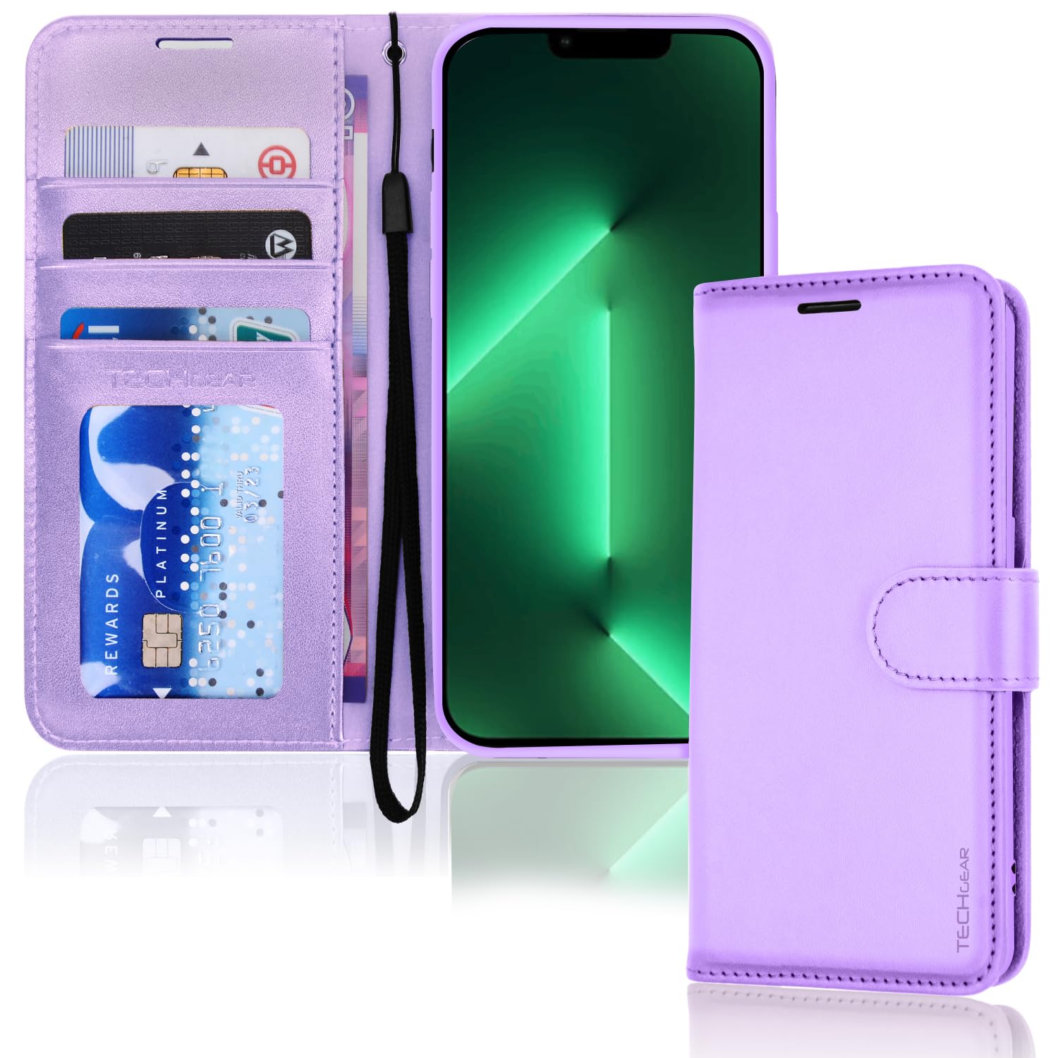 TECHGEAR iPhone 13 Pro Leather Wallet Case, Flip Protective Case Cover with Wallet Card Holder, Stand and Wrist Strap - Lilac PU Leather with Magnetic Closure Designed for iPhone 13 Pro 6.1"