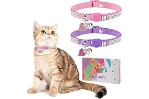 DILLYBUD Rhinestone Cat Collar Breakaway with Bell, Diamond Cat Collar with Safety Buckle Quick Release for Girl Boy Small Kitten Pets Puppy,Cute Soft Female Male Cat Collars,Color Pink & Purple 8-12"
