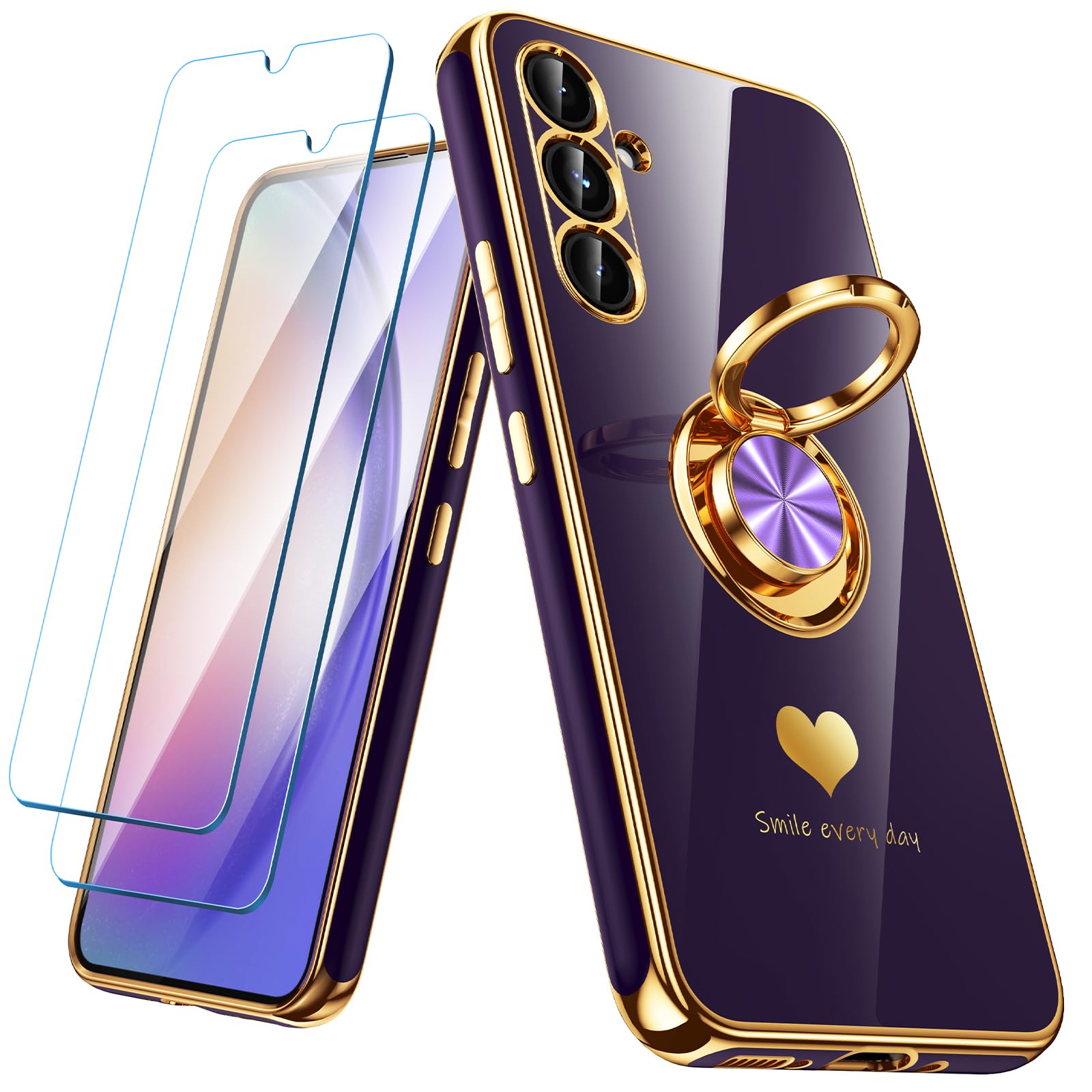 Nonional for Samsung Galaxy A54 5G Case with 2 Pack Screen Protector, 360° Rotatable Ring Holder [Luxury Hearts Pattern] Plating Gold Edge Slim Soft Phone Cover Case for Galaxy A54 - Purple