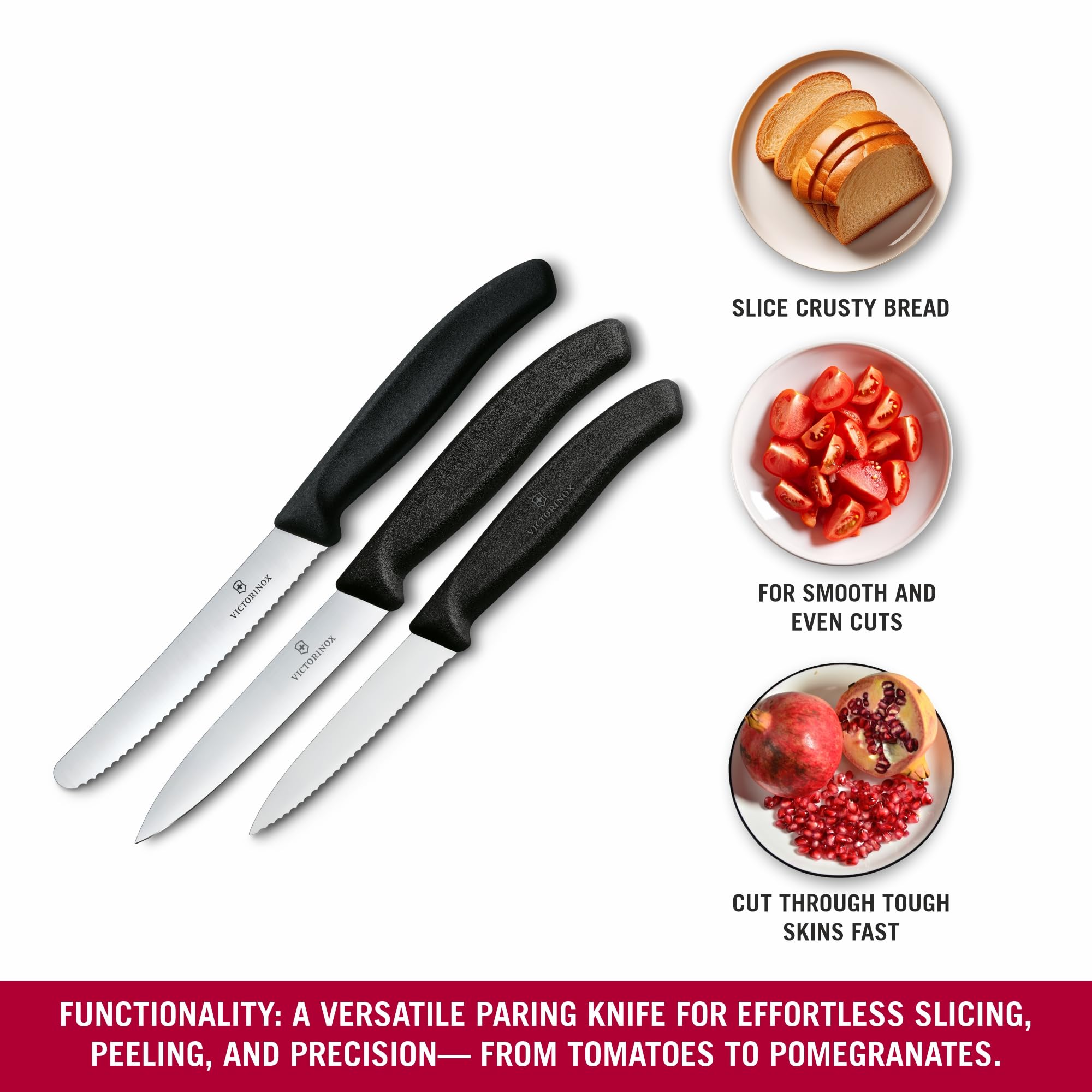 Victorinox Swiss Classic Küchenmesser Set, 3teilig, Gemüse-, Tomaten- und Frühstücksmesser, Rostfreier Stahl, Schwarz 3