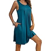Ekouaer Women Nightgown with Pockets Sleep Shirts Sleeveless Sleepwear Pleated Front Nightshirt Round Neck Nightdress